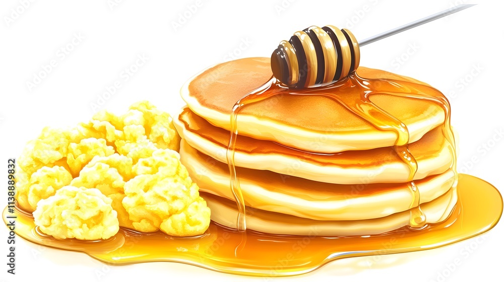 Poster a stack of pancakes drizzled with honey and accompanied by popcorn.