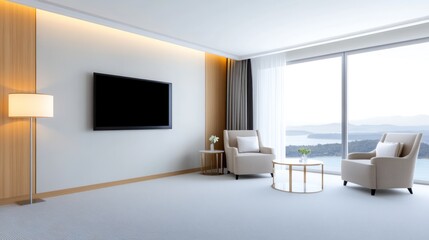 Modern living room with a view, featuring minimalist decor.