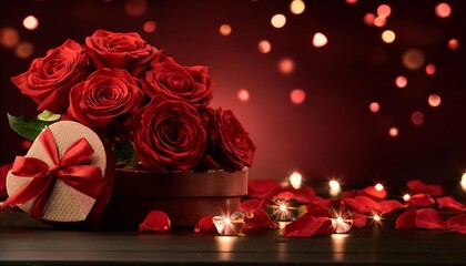 Heartfelt Valentines Day gift box and red roses with glowing lights in romantic setting. Generative AI