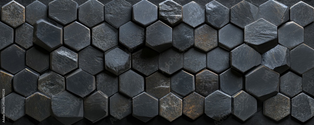 Poster futuristic, semigloss mosaic tiles arranged in the shape of a wall. hexagonal, bricks stacked to cre