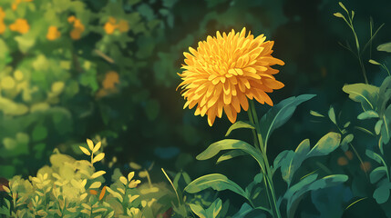 Focus on a single yellow chrysanthemum bloom in a garden, focus, bloom. Blooming. Illustration