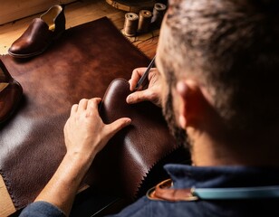 Obraz premium Close up of a cobbler working with leather textile