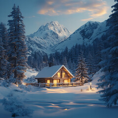 Fototapeta premium A tranquil snowy mountain valley featuring a cozy wooden cabin, soft light reflecting on the snow, and gentle slopes in the background