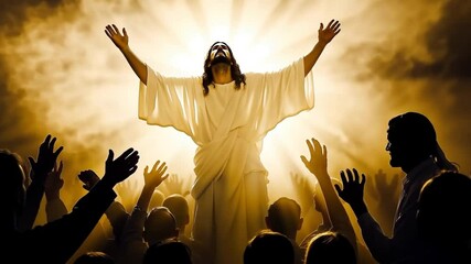 A serene vision of Jesus Christ raises his hands toward a glowing horizon as believers reach out. Concept of eternal hope and heartfelt communal devotion
