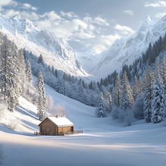 Fototapeta premium A tranquil snowy mountain valley featuring a cozy wooden cabin, soft light reflecting on the snow, and gentle slopes in the background