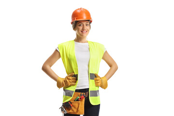 Female construction worker wearing a hardhat and a tool belt