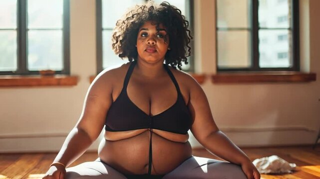 A plus-sized woman sits in a yoga pose on a mat in a sunlit studio, embracing mindfulness. Concept of self-care and body positivity.