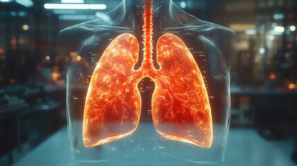 Holographic futuristic scan showing human lungs with bronchi and alveoli
