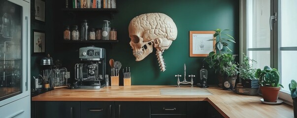 Cozy modern kitchen interior design with a dark green wall