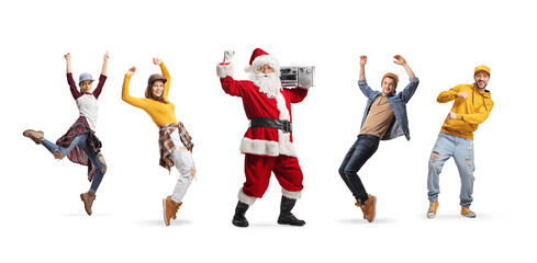 Santa claus holding a boombox radio on shoulder and dancing with young people