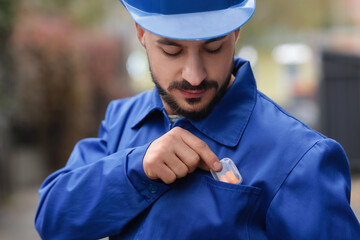 Male builder taking earplugs from pocket outdoors, closeup
