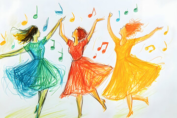 Three women in colorful dresses celebrate with joy, dancing amidst swirling musical notes