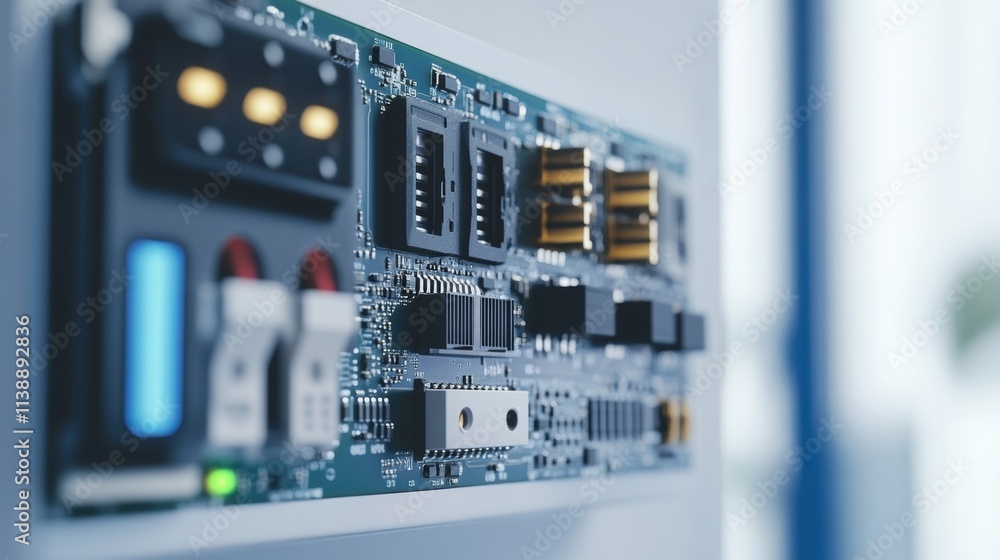 Poster a closeup view of an iot device such as a smart thermostat featuring the circuit board and connectiv