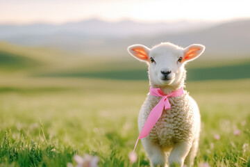 Fototapeta premium A charming lamb wearing a pink ribbon stands in a lush meadow, basking in the gentle sunlight of a serene afternoon