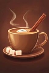 A steaming cup of coffee with a cinnamon stick and sugar cubes on a saucer.