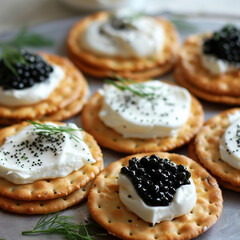 crackers with cream cheese and black caviar