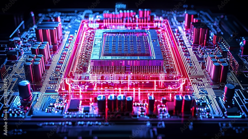 Poster close-up of a powerful cpu on a motherboard with glowing circuits.