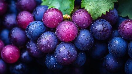 Dewy Purple and Blue Grapes on the Vine