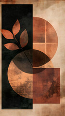 Abstract composition featuring geometric shapes and a leaf motif in warm earthy tones.