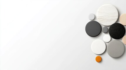Circular shapes in various materials and colors on a minimalist background.