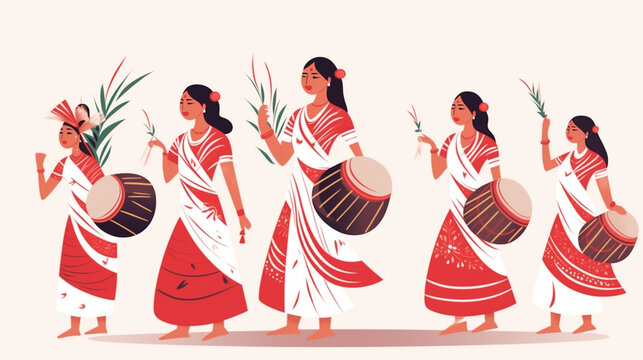 Bihu wallpaper, Assamese women wearing red and white mekhela chador dancing, traditional elements like dhol and pepa music. Ai generated images.