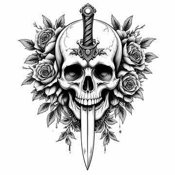 3D Ai Digital illustration art dagger tattoo logo design with Skull, roses,  vibrant,, digital art, danger, scary, horror, t-shirt, stickers, vintage, Black and white Isolated on white background 
