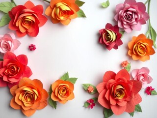 Backdrop of vibrant paper roses in various shades of pink, red, and orange, celebration, vibrant