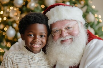 Obraz premium Santaâ€™s knee with lovely toddler girl. Santa claus with cute black toddler girl with sad emotion. Christmas kid happy santa. Christmas santa child smile. Santa claus baby lap. Baby with sa.