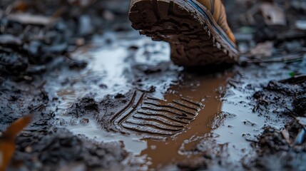 Mud footprint made by a hiking boot in a puddle.