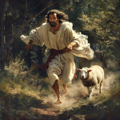 Jesus running towards wolf and lamb