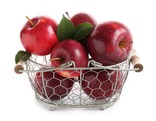 Fresh ripe red apples in metal basket isolated on white