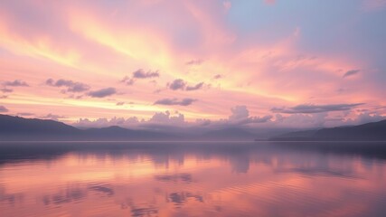 Obraz premium An ethereal pastel sunset over a tranquil lake reflecting the dreamy clouds above, serene, peaceful, dreamy
