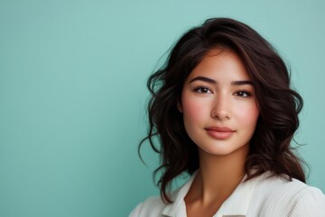Naklejka premium Portrait of a Young Woman with Natural Beauty Against a Soft Mint Background