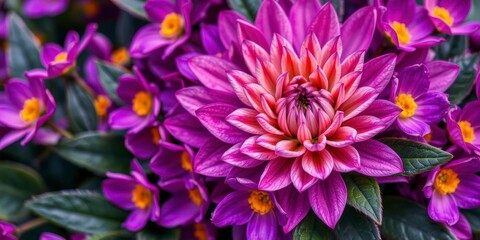 Large, vibrant purple flower petals and lush green leaves in a close-up shot, foliage, details