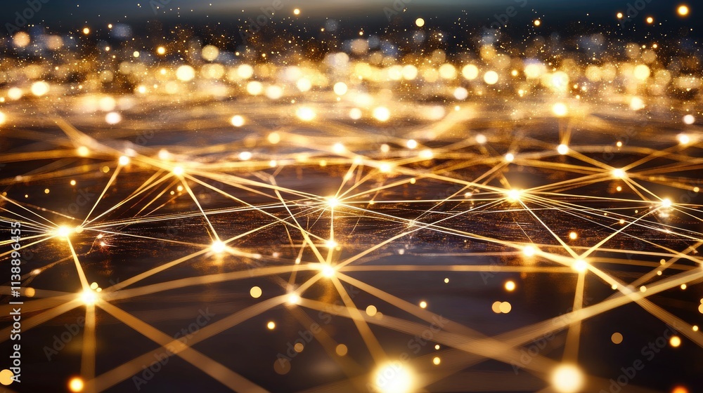 Poster abstract golden network connection with sparkling lights and nodes