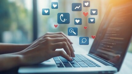 Professional using social media on a laptop in an office