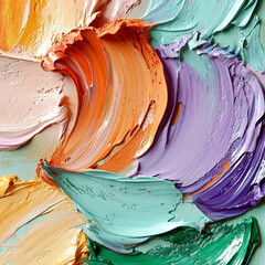 Thick impasto oil paint strokes in abstract texture with pastel shades of mint, lavender, peach,...