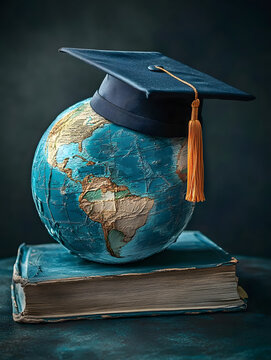 Education to learn study in world. Graduated student studying abroad international idea. Master degree hat on top globe book. Concept of graduate educational for long distane learning - generative ai