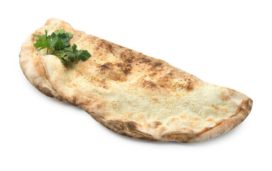 One delicious calzone with fresh parsley isolated on white