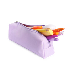 Pencil case with different stationery isolated on white