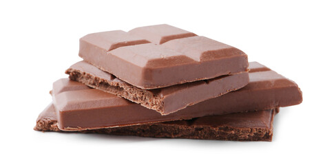 Pieces of delicious milk chocolate isolated on white