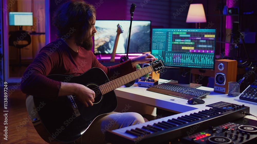 Fototapete Musician trying to tune the sound of his guitar in home studio, adjusting knobs before playing tunes and recording on daw software. Advanced mixing and mastering techniques. Camera B.