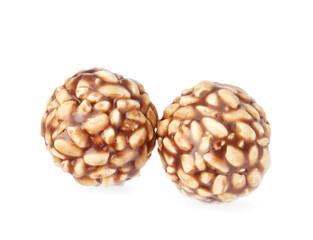 Delicious chocolate puffed rice balls isolated on white, top view