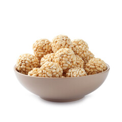 Delicious puffed rice balls in bowl isolated on white