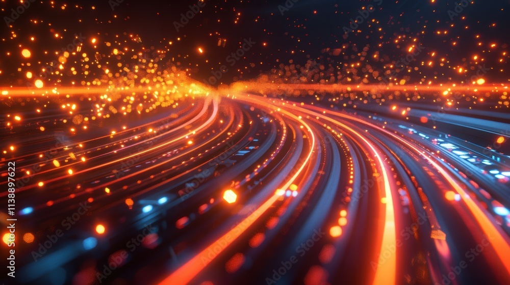 Poster abstract glowing lines and particles forming a dynamic, curved path.