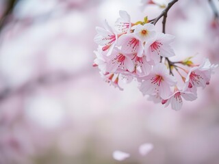 Obraz premium Soft pink sakura petals falling gently on a blurred background, romantic, cherry blossom, falling