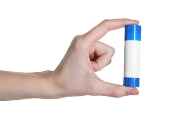 Woman with glue stick on white background, closeup