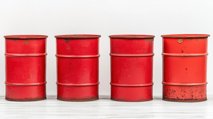 Red metal oil barrels arranged in row, showcasing their vintage appeal and weathered texture