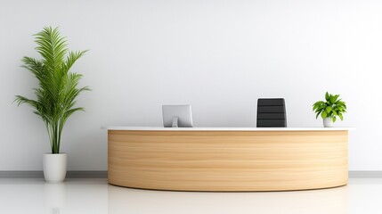 Modern reception area with wooden desk and plants.