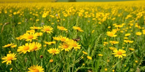 Fototapeta premium Vibrant yellow daffodil flowers swaying in a vast field under clear blue skies, picturesque, yellow, scenic